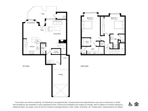 Floor plan for 2 beds, 2.5 baths, 1636 sqft